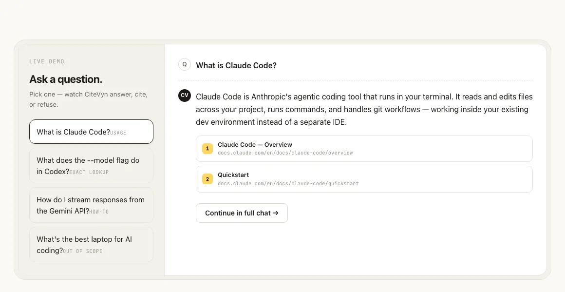 CiteVyn answering a question about Claude Code, with two numbered citations to real docs.claude.com pages