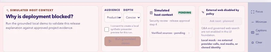 NarraTwin interface design: a simulated host context panel, a consent checkbox before any presenter is generated, and external web disabled by policy