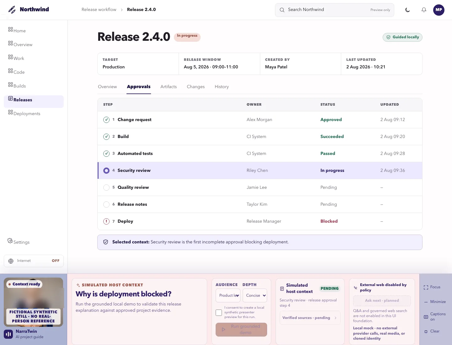 NarraTwin interface design: a simulated host context panel, a consent checkbox before any presenter is generated, and external web disabled by policy